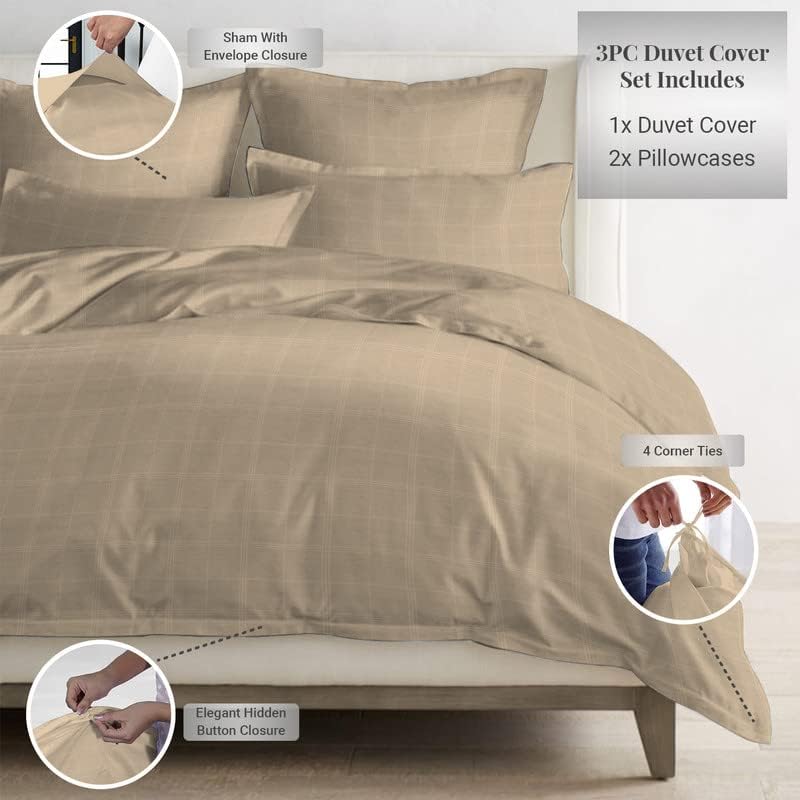 Taupe Dobby Striped Duvet Cover King Size Cotton, 300 Thread Count Long Staple 100% Cotton Cal King Damask Duvet Cover Set, California King Duvet Cover with Button Closure (Striped Duvet Cover) Pizuna