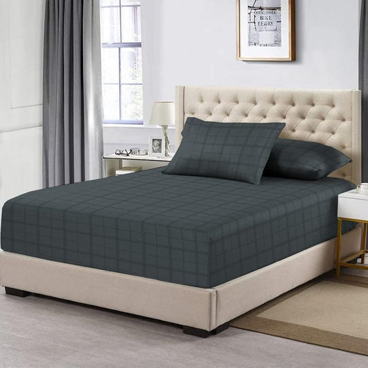 100% Cotton King Fitted Sheet Only, 300 Thread Count Long Staple Cotton Soft Sateen Weave15inch Deep Pocket Fitted Sheet (Combed Checks Luxury Anthracite Grey King Fitted Sheet Cotton)