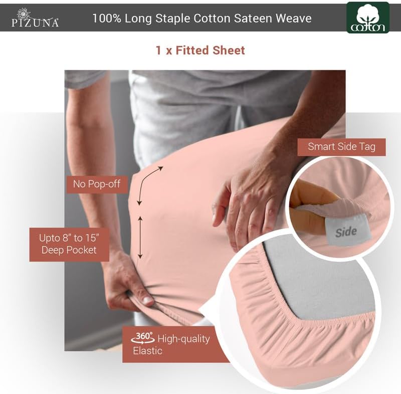 Soft 400 Thread Count Cotton King Fitted Sheets Rose 1pc, 100% Long Staple Cotton Sateen Fitted Sheet Bed fits Upto 15 inch Deep Pockets (Rose 100% Cotton Deep Fitted Sheets King)