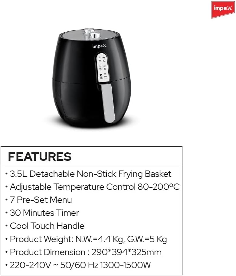 Impex 2.5 Ltr Air Fryer - Ideal for Meat, Fish, Vegetables, French Fries, Temperature Control 80°C-200°C, Timer 30 Mins with 2 Year Warranty-Black (AF 4302)