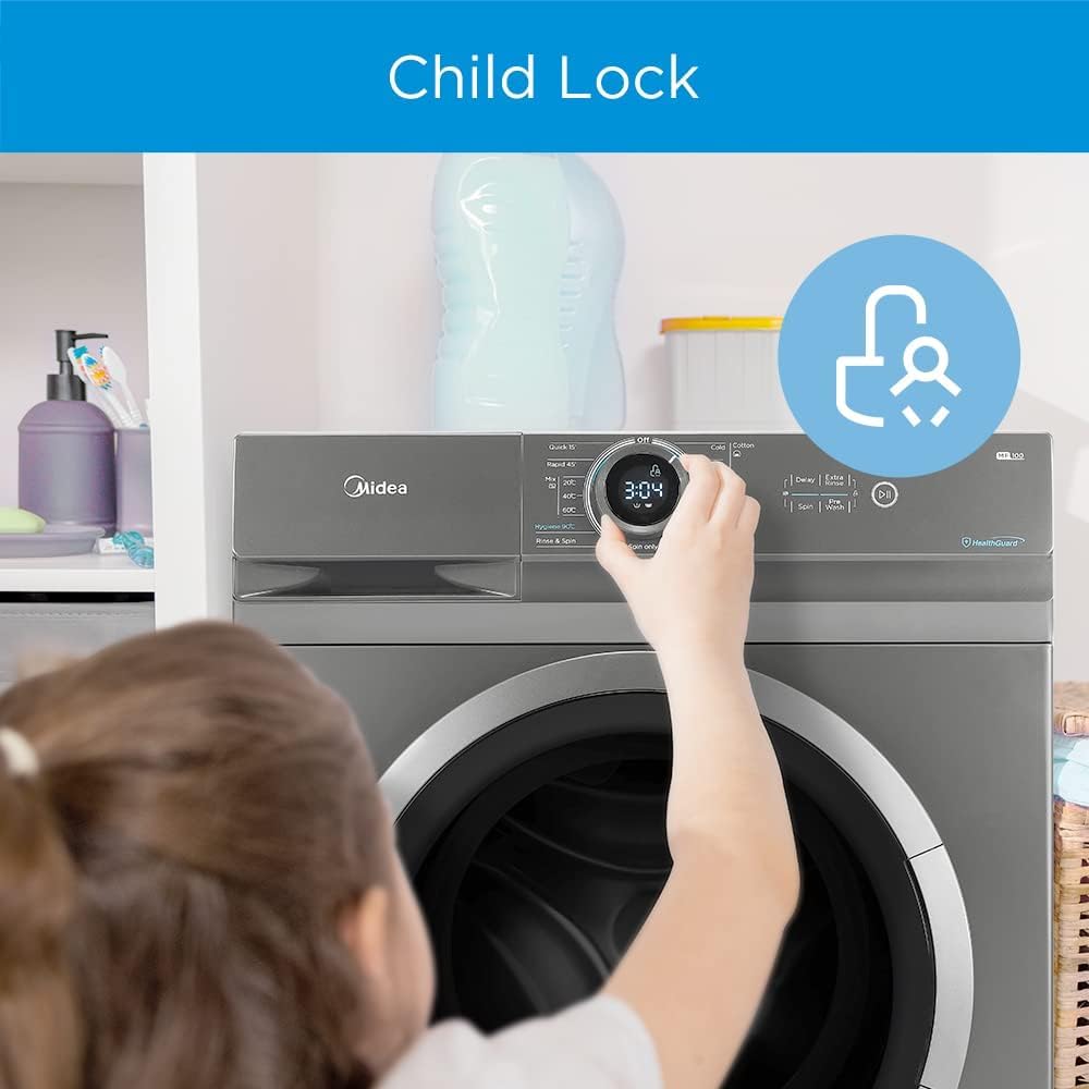 Midea 8KG Front Load Washing Machine with BLDC Inverter Motor, 1400 RPM, 15 Programs, Fully Automatic Washer with Lunar Dial, Integrated Digital Control-LED Display, Multiple Temperature MF100W80BWGCC