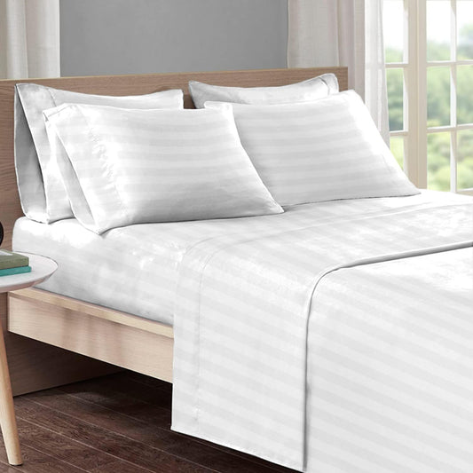 Pizuna Dobby Checks Full Size Sheet Sets Cotton White, 300 Thread Count Long Staple 100% Cotton Damask Bed Sheets, Sateen Sheets for Full Size Bed with 15 Inch Deep Pocket (Damask White Sheets Full)