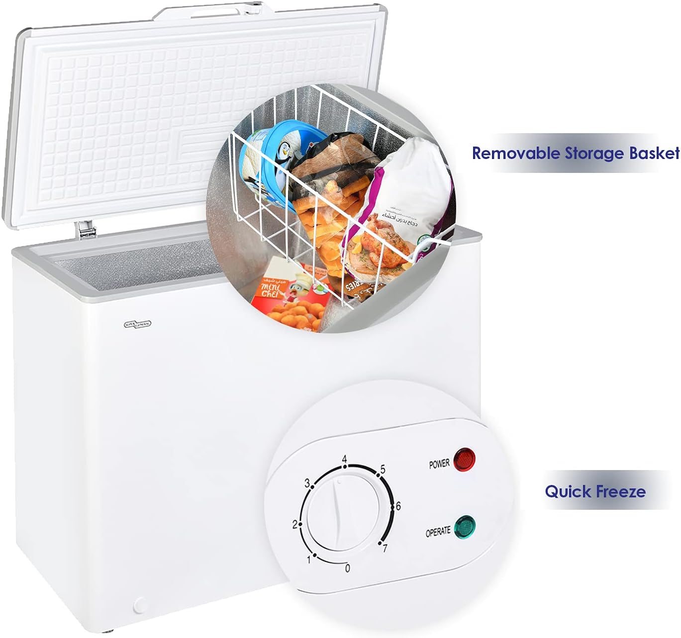Super General Chest-Freezer 250 Liter Gross Volume, SGF-244-H, White, Compact Deep-Freezer with Storage-Basket, Lock & Key, Wheels, 99.6 x 56.5 x 83.5 cm, 1 Year Warranty