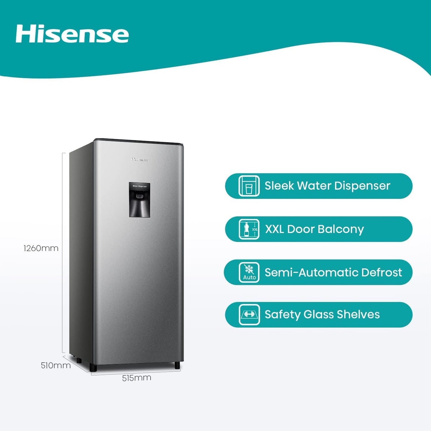 Hisense 233 Liter Refrigerator, Single Door Compact Silver, With Water Dispenser, Model RR233N4WSU -1 Years Full & 5 Years Compressor Warranty.