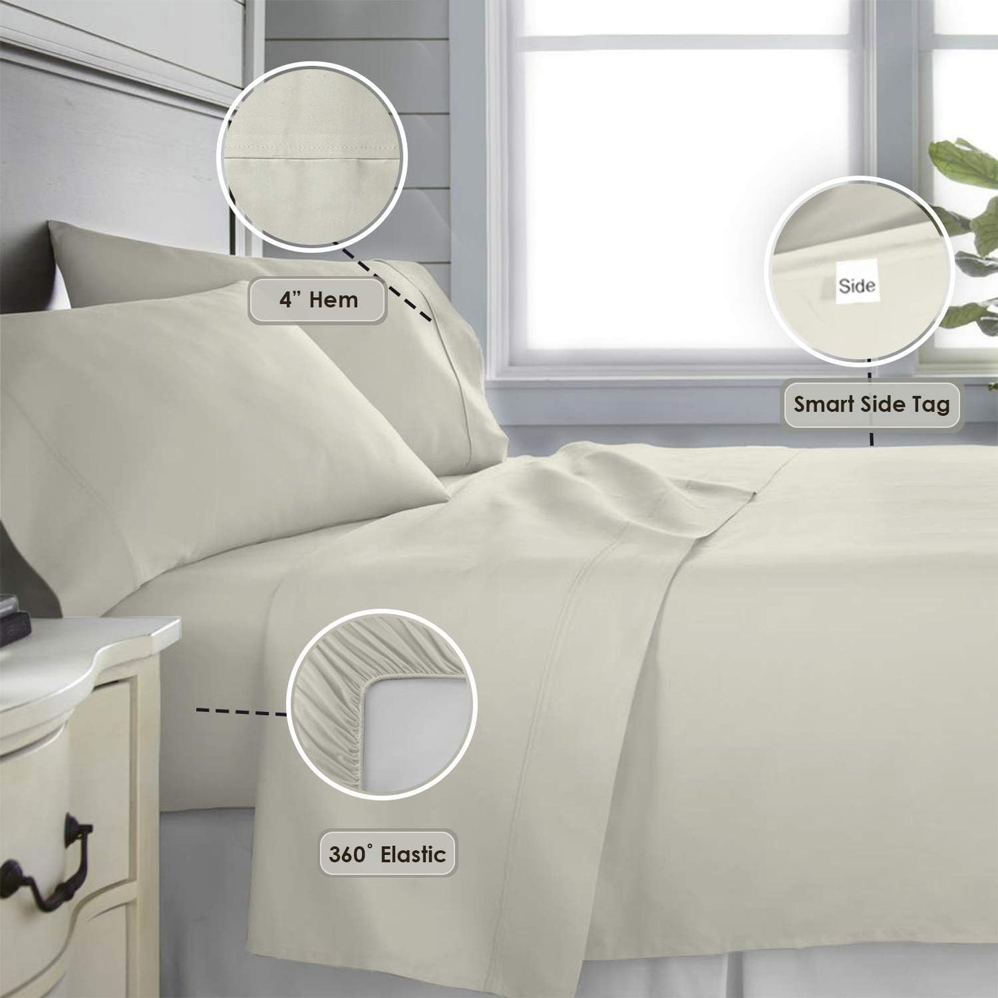 600 Thread Count Cotton Full Sheets Set Natural Grey, 100% Long Staple Cotton Smooth Sateen Bed Sheets with Stylish 4 inch Hem, fits Upto 15 Inch Deep Pocket (100% Cotton Natural Grey Full Sheet Sets)