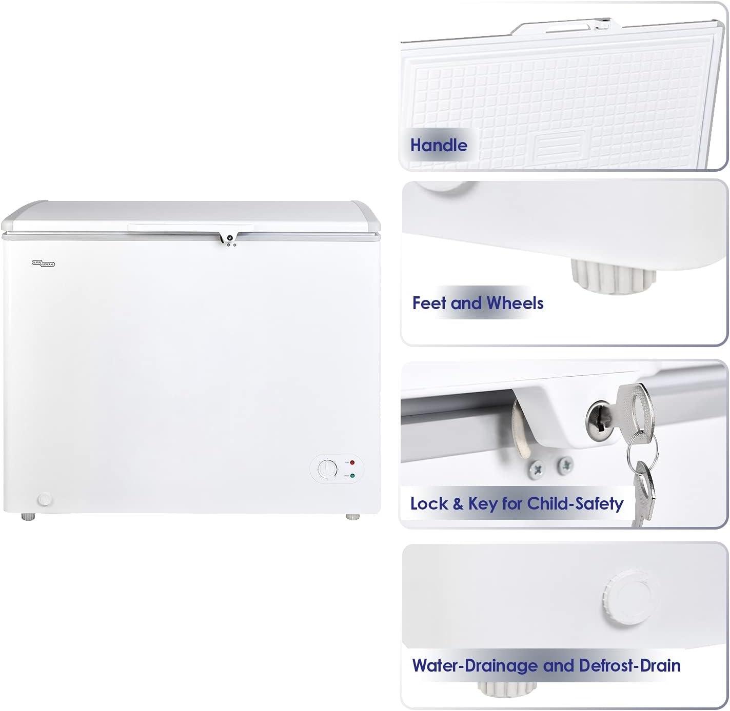 Super General Chest-Freezer 250 Liter Gross Volume, SGF-244-H, White, Compact Deep-Freezer with Storage-Basket, Lock & Key, Wheels, 99.6 x 56.5 x 83.5 cm, 1 Year Warranty