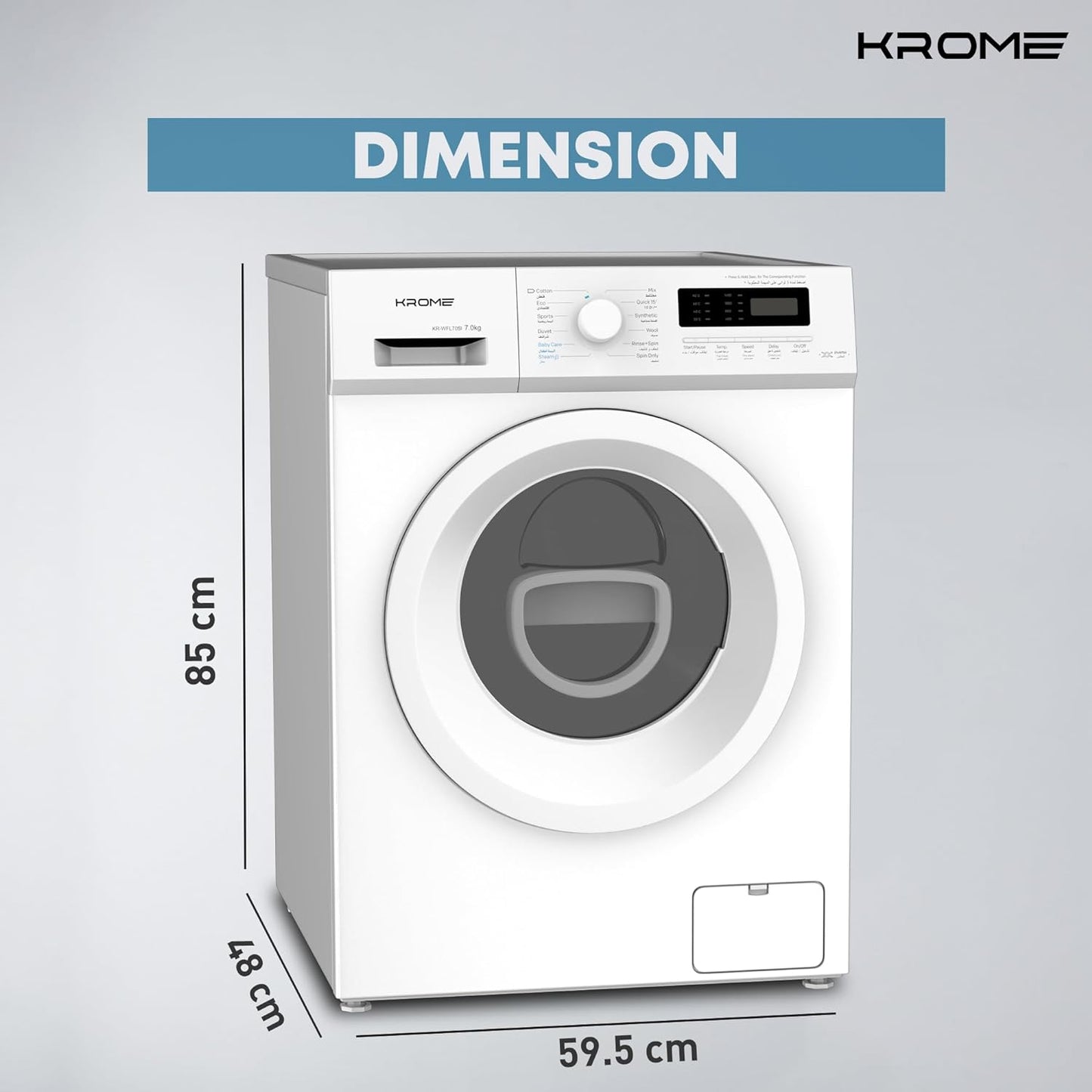KROME 7Kg 1400 RPM Front Loading Washing Machine, LED Display with BLDC Inverter Motor, 12 Wash Programs, 4 Star Energy Efficient with Variable Temperature Setting, White - KR-WFL70SI