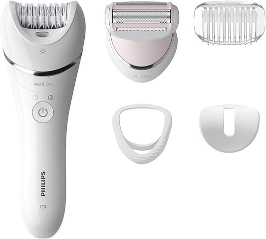 Philips Epilator Series 8000.Wet And Dry Cordless Hair Removal For Legs And Body With 5 Accessories.Shaving Head And Trimming Comb. 3 Pin, Bre71001.