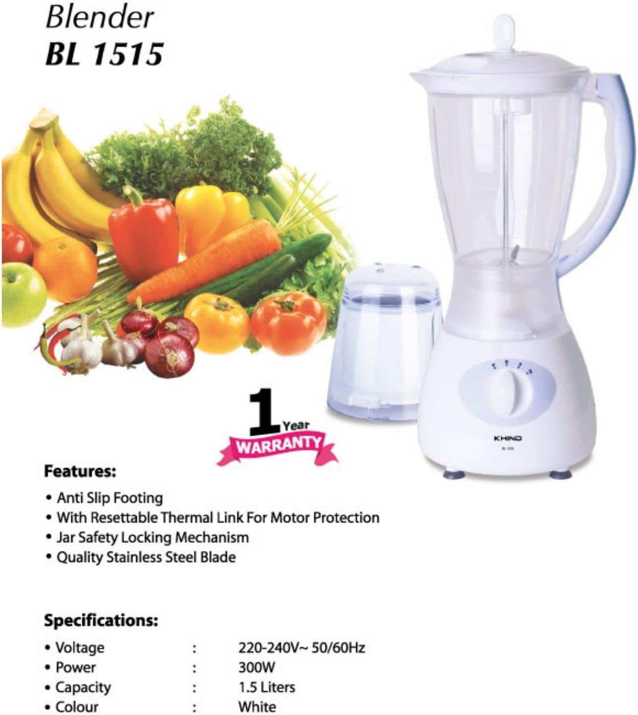 KHIND 330W Blender, 1.5L Jar, 2 Speed, Jar Safety Locking Mechanism, Compact and Sleek Design with Safety Switch, Powerful and Durable Motor, Rust-Free Stainless Steel Blades, Black and White - BL1542