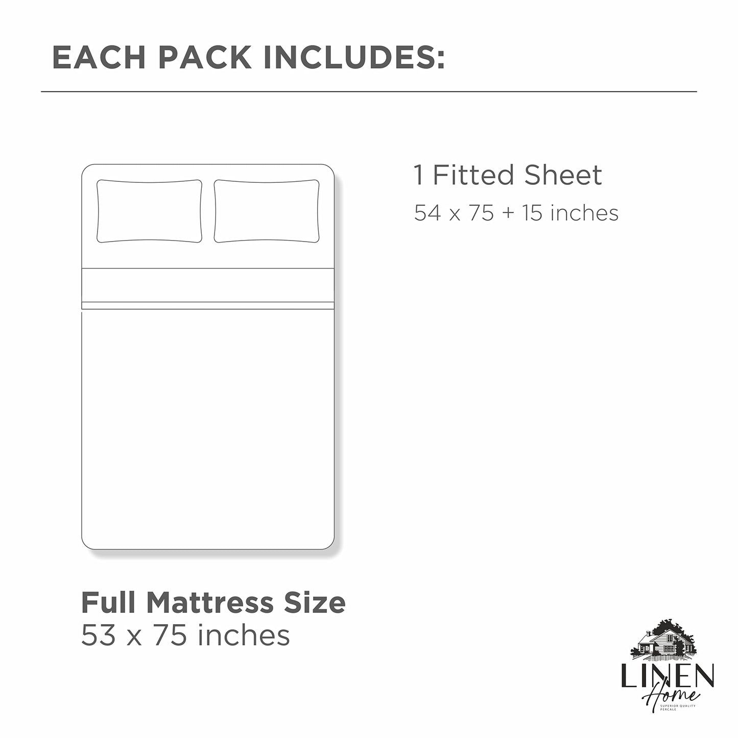 Linen Home 100% Cotton Percale Weave Fitted Sheet, Full Size, Charcoal, 1 Deep Pocket Fitted Sheet, Fits Mattress Upto 16" Crisp and Cool Strong Bed Linen, 54"X75"+15"
