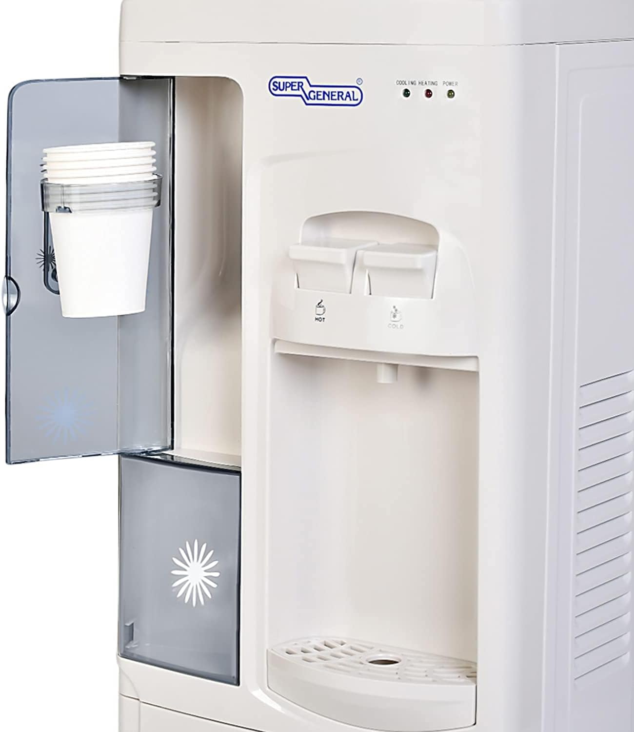 Super General Hot and Cold Water Dispenser, Water-Cooler with Cooling Cabinet and Cup-Holder, Instant-Hot-Water, 2 Taps, SGL-1191, White/Grey, 31.2 x 32.5 x 96 cm, 1 Year Warranty