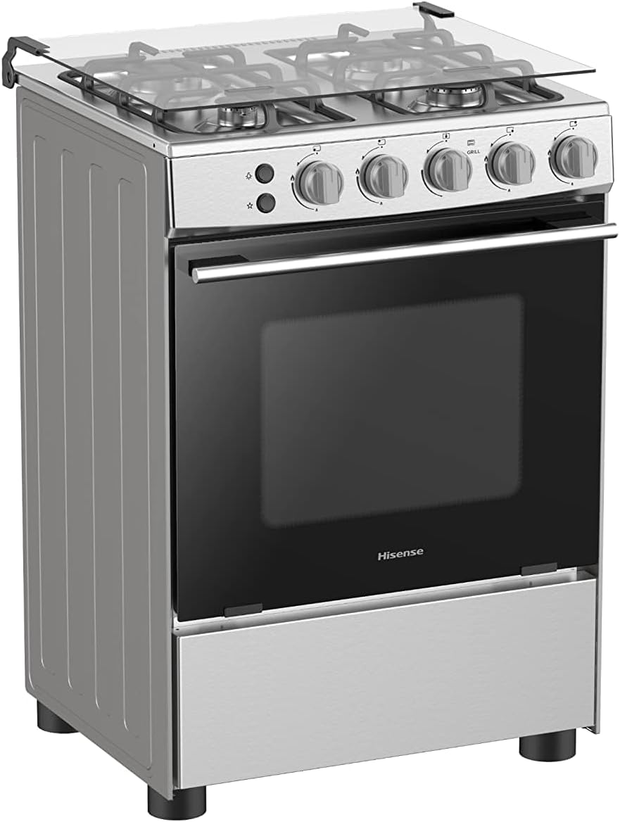 Hisense Freestanding 60cm Gas cooker with 4 Burners with FFD Autoignition,Cast Iron Pan Support,Wok Burner,Glass Lid,Oven cap,Gas Grill