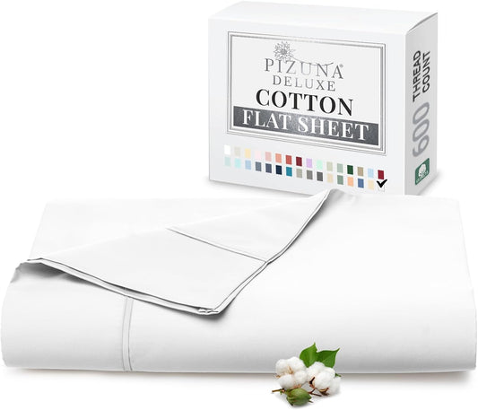 Pizuna Soft 600 Thread Count Cotton Full Flat Sheets White 1pc, 100% Long Staple Pure Cotton, Smooth Sateen Flat Sheet Bed fit Upto 16 inch Deep Pockets (100% Cotton Deep Flat Sheets Full)