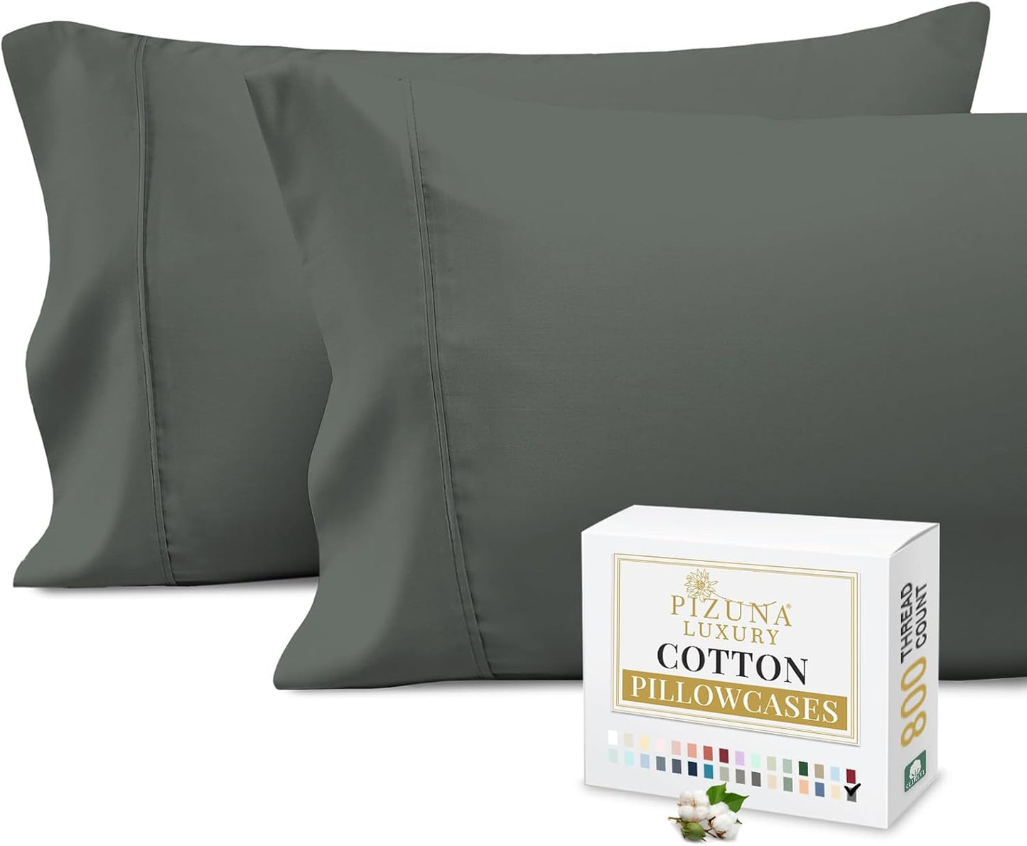 800 Thread Count Cotton Dark Grey Standard Pillowcases, 100% Long Staple Cotton Smooth Sateen Pillow Cases, Thickly Woven Set of 2 Pillow Covers (Dark Grey Standard Size 100% Cotton Pillow Cases)