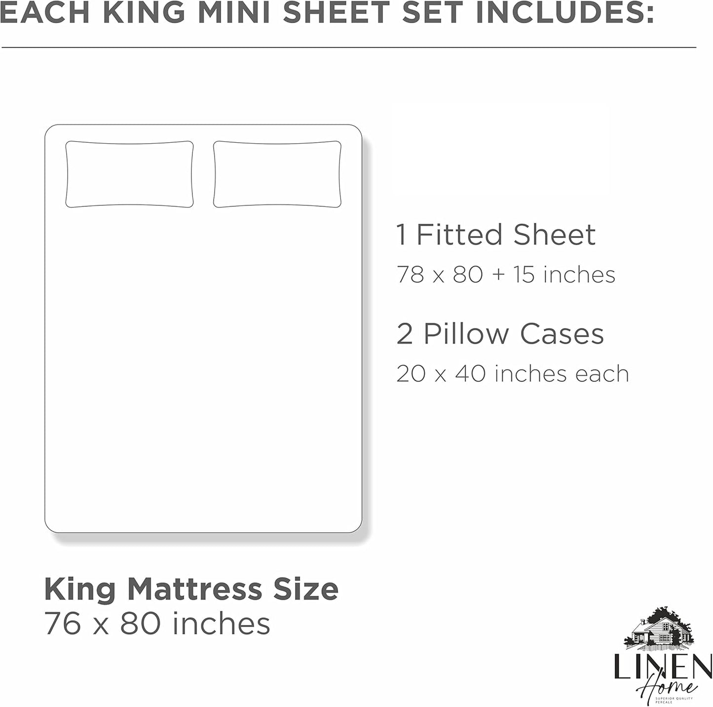 Linen Home 100% Cotton Percale Fitted Sheet Set King Size, White, Deep Pocket, 3 Piece - 1 Deep Pocket Fitted Sheet and 2 Pillowcases, Crisp Cool and Strong Bed Linen