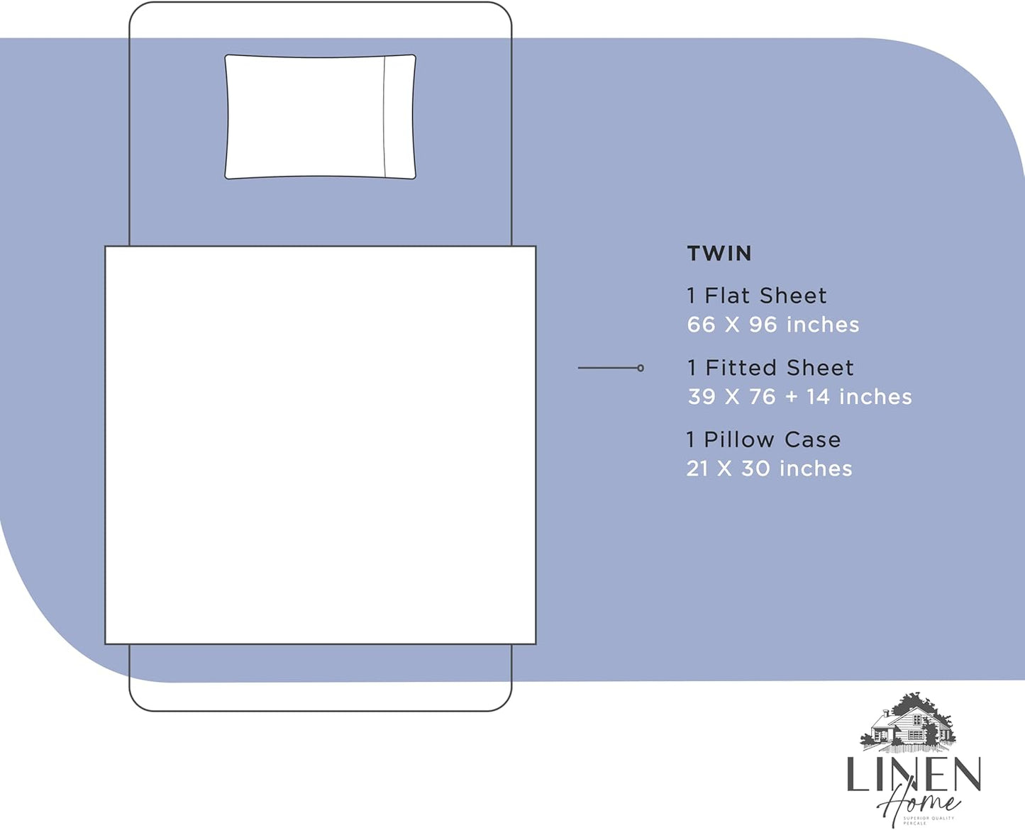 Linen Home 100% Cotton Percale Sheets Twin Size, Dark Blue, Deep Pocket, 3 Pieces Set - 1 Flat, 1 Deep Pocket Fitted Sheet and 1 Pillowcase, Crisp Cool and Strong Bed Linen