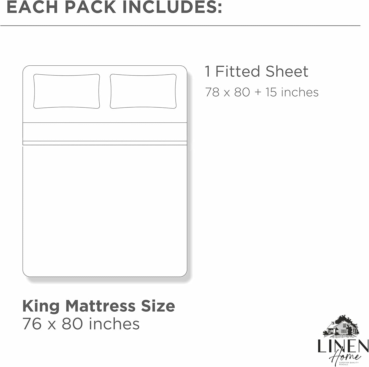 Linen Home 100% Cotton Percale Weave Fitted Sheet, King Size, Pastel Turk, 1 Deep Pocket Fitted Sheet, Fits Mattress Upto 16" Crisp and Cool Strong Bed Linen, 78"X80"+15"