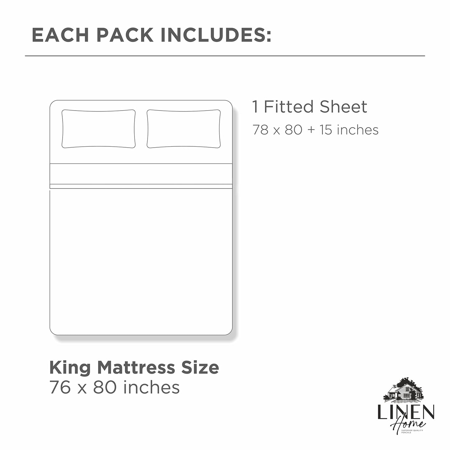 Linen Home 100% Cotton Percale Weave Fitted Sheet, Full Size, Charcoal, 1 Deep Pocket Fitted Sheet, Fits Mattress Upto 16" Crisp and Cool Strong Bed Linen, 54"X75"+15"