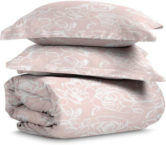 Pizuna Cotton Pink Simply Floral Duvet Cover Full Size, 400 Thread Count Long Staple Cotton Quilt Cover Full, Sateen Full Duvet Covers with Button Closure (100% Cotton Full Size Bedding Set)