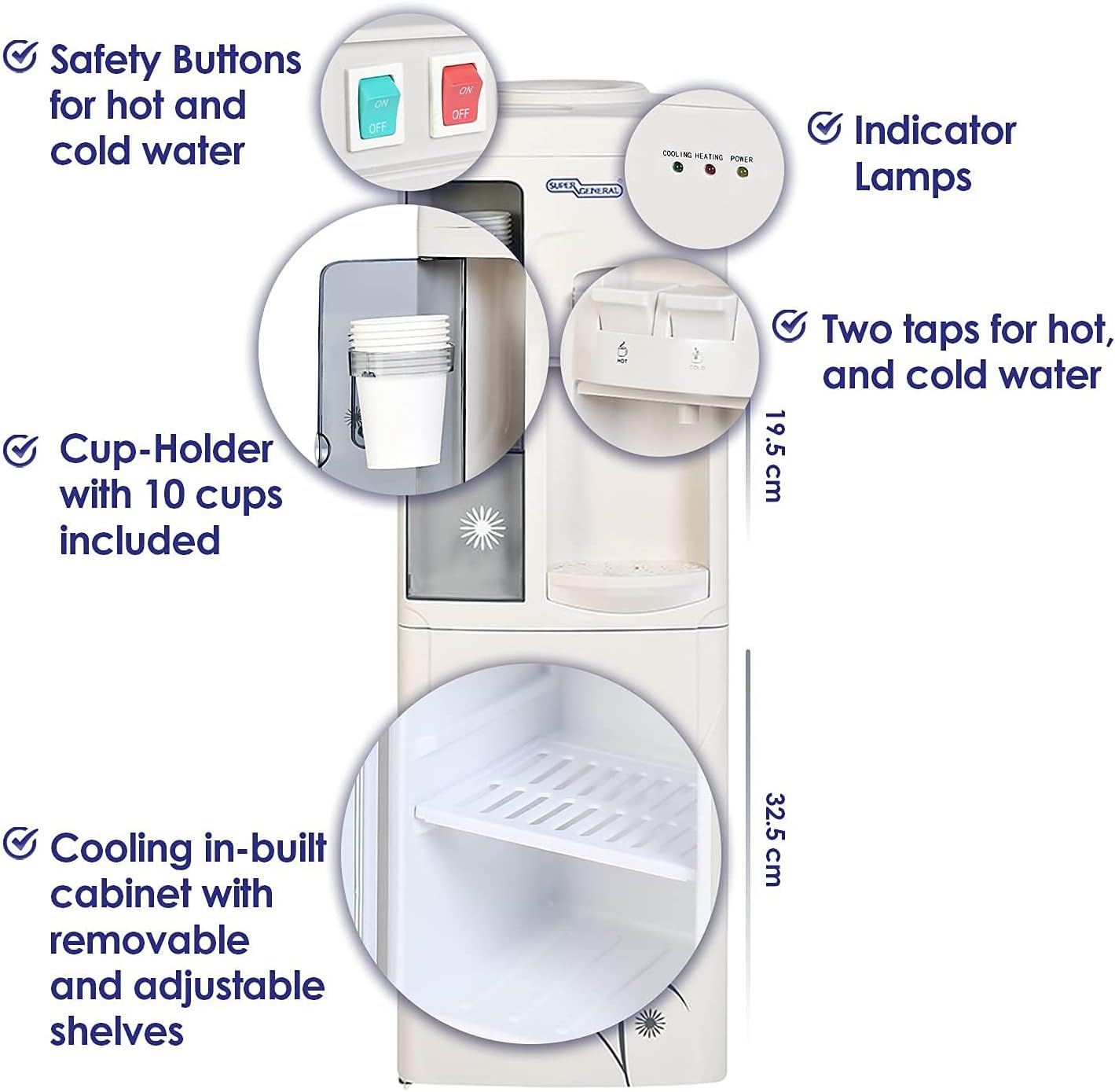 Super General Hot and Cold Water Dispenser, Water-Cooler with Cooling Cabinet and Cup-Holder, Instant-Hot-Water, 2 Taps, SGL-1191, White/Grey, 31.2 x 32.5 x 96 cm, 1 Year Warranty