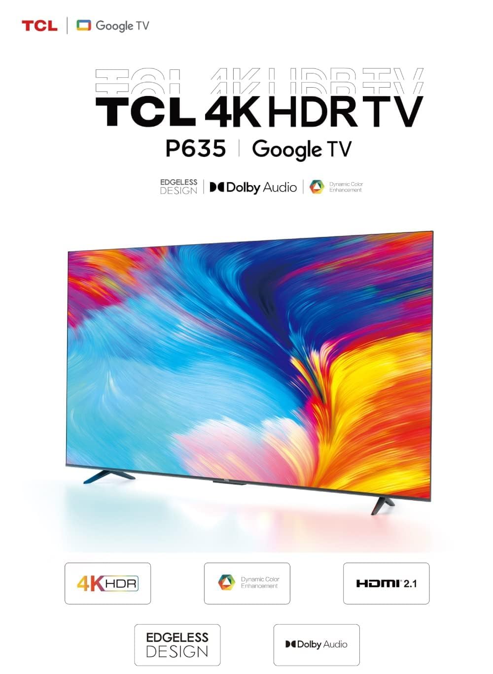 TCL 55 Inches Smart TV, 4K Ultra HD, Google TV, Dolby Audio HDR10 & Chromecast Built-in Edgeless Design - 55P637