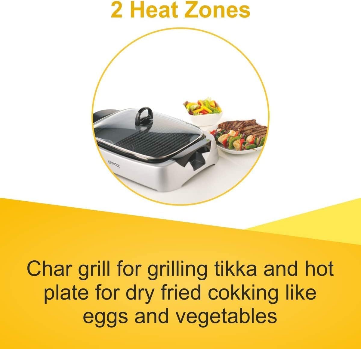 KENWOOD Grill 1700W Contact Health Large Family Sized Griddle with Glass Lid, Variable Temperature Control, Cool Touch Handles - Ideal for Steak, Chicken, Fish, Vegetables HG230 Black