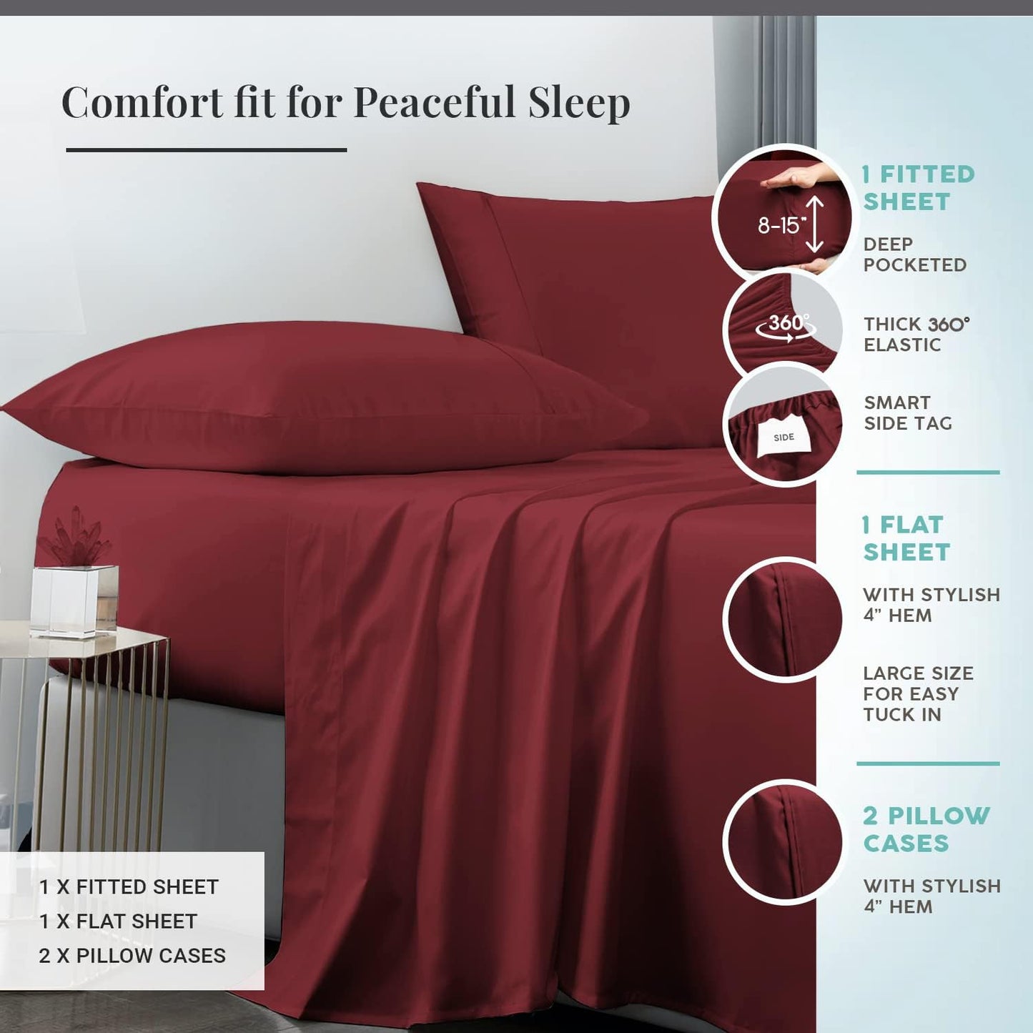 Soft 600 Thread Count Cotton Rio Red Split King Sheets Set, 100% Long Staple Cotton Cozy & Breathable Sateen Bed Sheets fit Upto 15 inch Deep Pocket (Rio Red Split King Sheet)