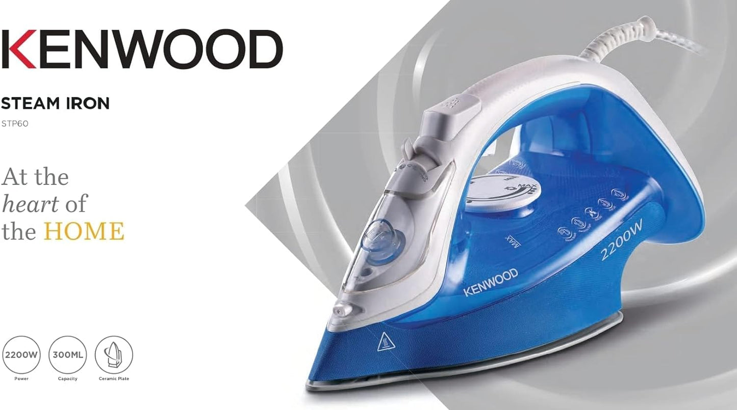 Kenwood Steam Iron 2200W with Ceramic Soleplate, Anti-Drip, Anti-Calc, Self Clean, Continuous Steam, Burst, Spray Function STP60.000WB White/Blue