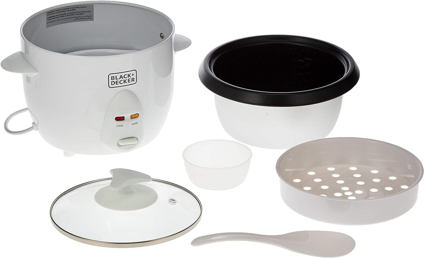 Black & Decker 400w 1l rice cooker removable nonstick bowl and steaming tray with water level indicator and glass lid with cool touch, for healthy meals rc1050-b5 2 years warranty