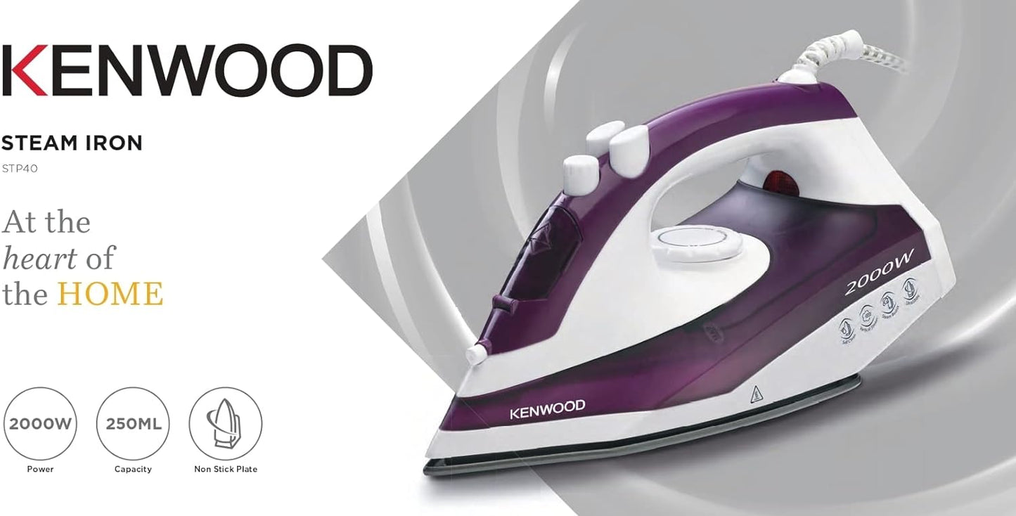 Kenwood Steam Iron 2000Watts, 250Ml Capacity, Non Stick Sole Plate, Power 18/120G, Purple Stp40.000Wp.