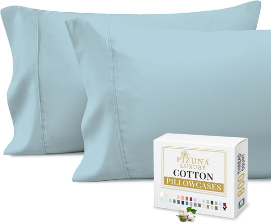 Pizuna 800 Thread Count Cotton King Pillowcases Baby Blue, 100% Long Staple Cotton Smooth Sateen Pillowcase, Cool & Substantial Set of 2 Pillow Covers (Baby Blue King Size 100% Cotton Pillow Cases)