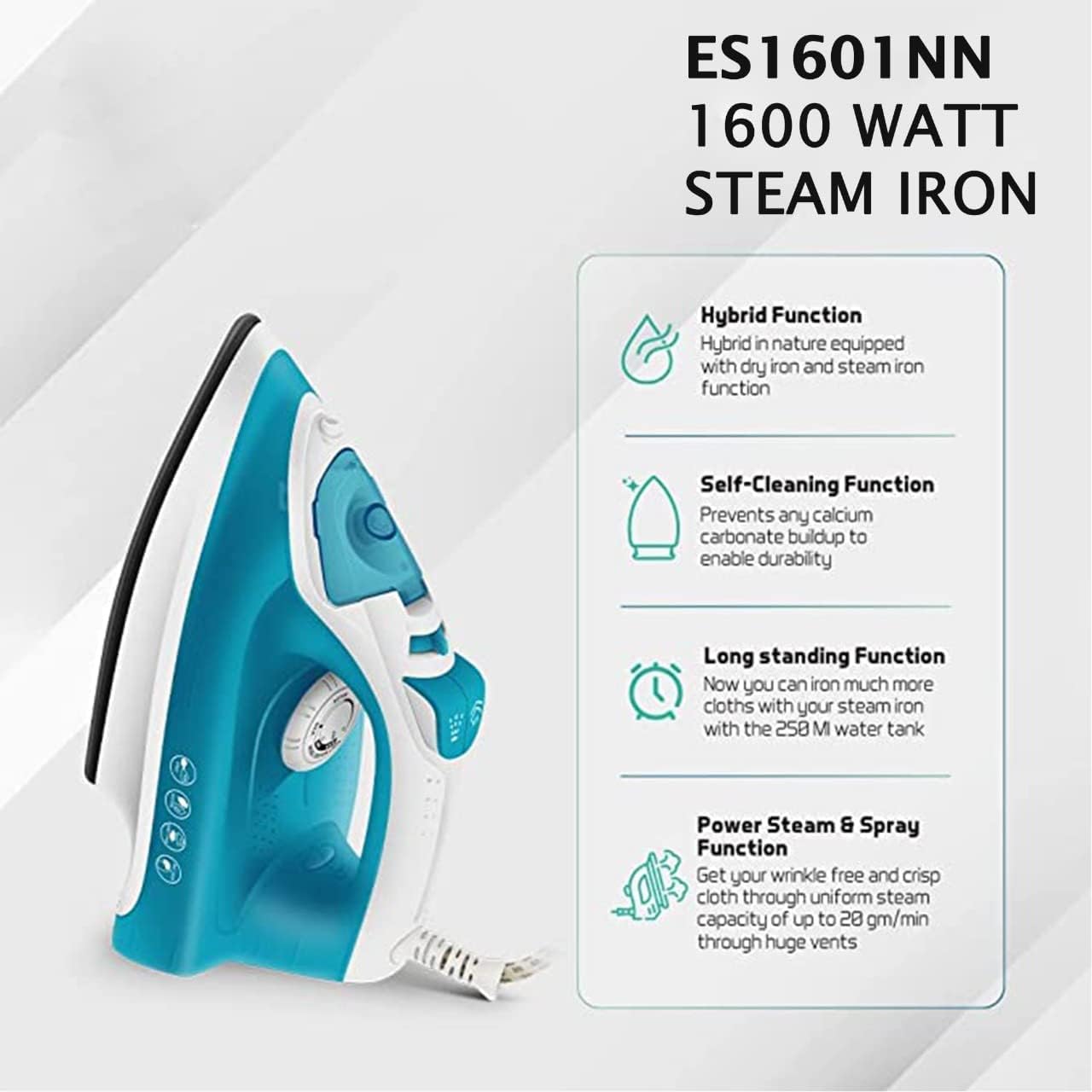 KHIND Steam Iron 1600W - Advanced Temperature Control, Easier Wrinkle Removal, Vertical Steaming, Self-Cleaning, Made in Malaysia, 2-Year Warranty, Non Stick Soleplate. White & Blue - ES1601NN
