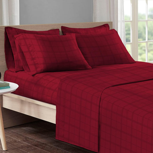 Pizuna Dobby Checks 100% Cotton Twin XL Sheets Set Red, 300 Thread Count Long Staple Combed Sateen Cooling Twin XL Damask Sheets Cotton with 15 Inch Deep Pocket (Red Checks Cotton Sheets)