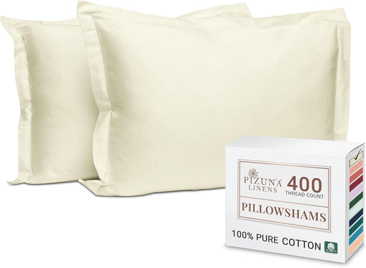 Pizuna Cotton Queen Pillow Sham Off White, 400 Thread Count 100% Long Staple Combed Cotton Sateen Weave Cooling Soft Pillow Covers Queen Size (Off White Queen Size Pillow Sham - 2PC)