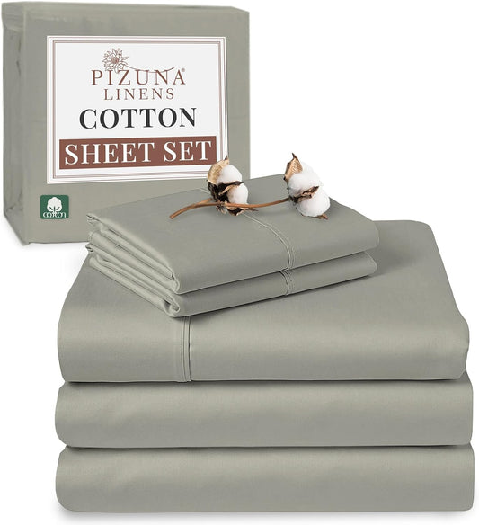 Pizuna Pure 100% Cotton Split King Sheet Set Silver, Luxurious 400 Thread Count Long Staple Cotton Sateen Split King Sheets Sets For Adjustable Bed with 15" Deep Pocket - 5 PC