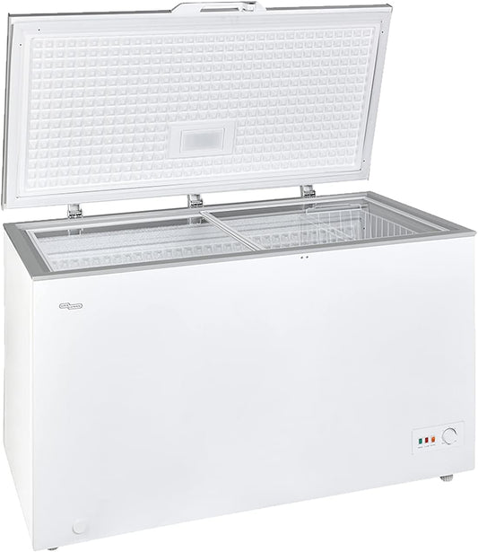 Super General Chest-Freezer 440 Liter Gross Volume, SGF-444-HM, White/Grey, Rectangular Deep-Freezer with Sliding Glass door, Lock & Key, Wheels, 130 x 67 x 84 cm, 1 Year Warranty