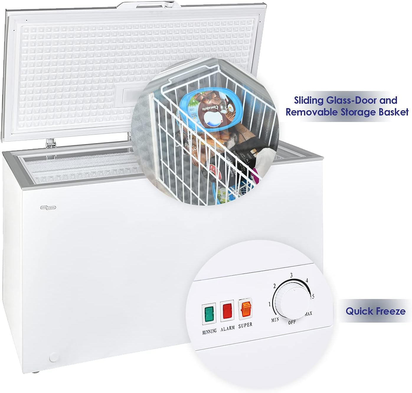 Super General Chest-Freezer 440 Liter Gross Volume, SGF-444-HM, White/Grey, Rectangular Deep-Freezer with Sliding Glass door, Lock & Key, Wheels, 130 x 67 x 84 cm, 1 Year Warranty