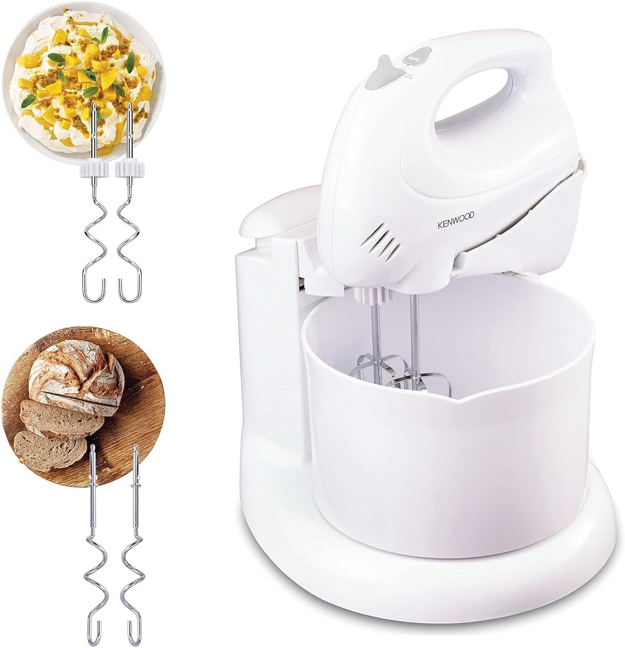 Kenwood Stand Mixer Hand (Electric Whisk) 300W With 2.4L Rotary Bowl, 5 Speeds + Turbo Button, Twin Stainless Steel Kneader And Beater For Mixing, Whipping, Whisking, Kneading Hmp22.000Wh White