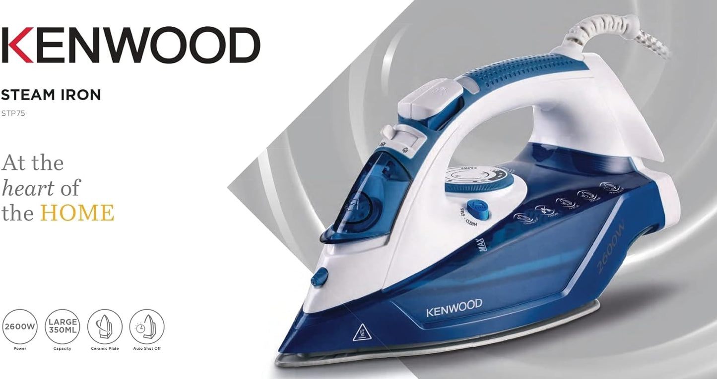 KENWOOD Steam Iron 2600W with Ceramic Soleplate, Anti-Drip, Anti-Calc, Self Clean, Continuous Steam, Burst, Spray Function STP70.000WG White/Green