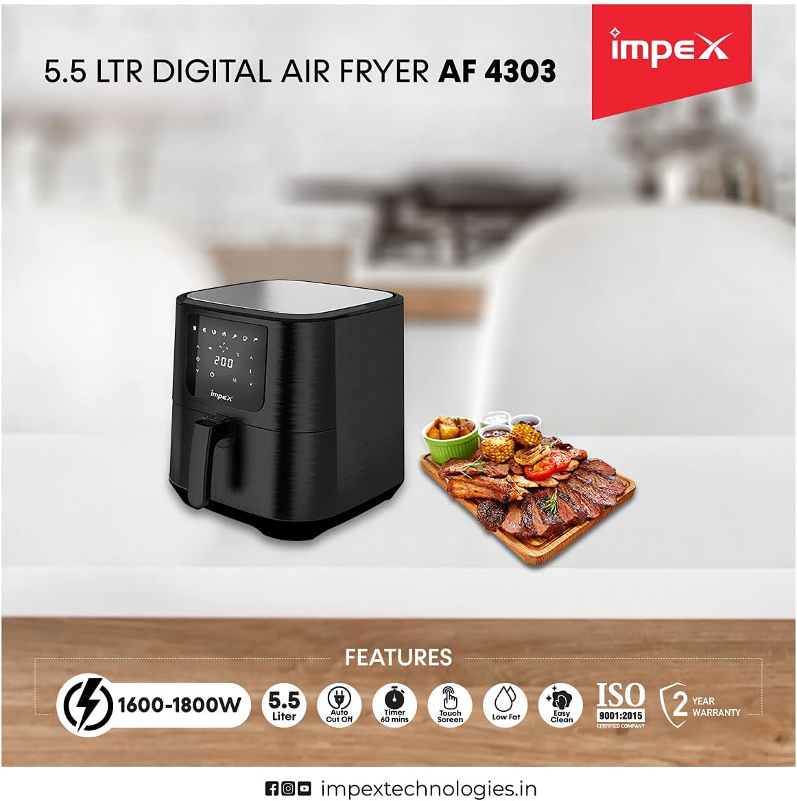 Impex 2.5 Ltr Air Fryer - Ideal for Meat, Fish, Vegetables, French Fries, Temperature Control 80°C-200°C, Timer 30 Mins with 2 Year Warranty-Black (AF 4302)