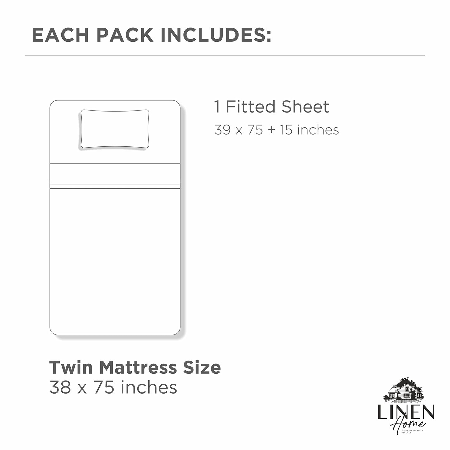 Linen Home 100% Cotton Percale Weave Fitted Sheet, Twin Size, Silver, 1 Deep Pocket Fitted Sheet, Fits Mattress Upto 16" Crisp and Cool Strong Bed Linen, 39"X75"+15"