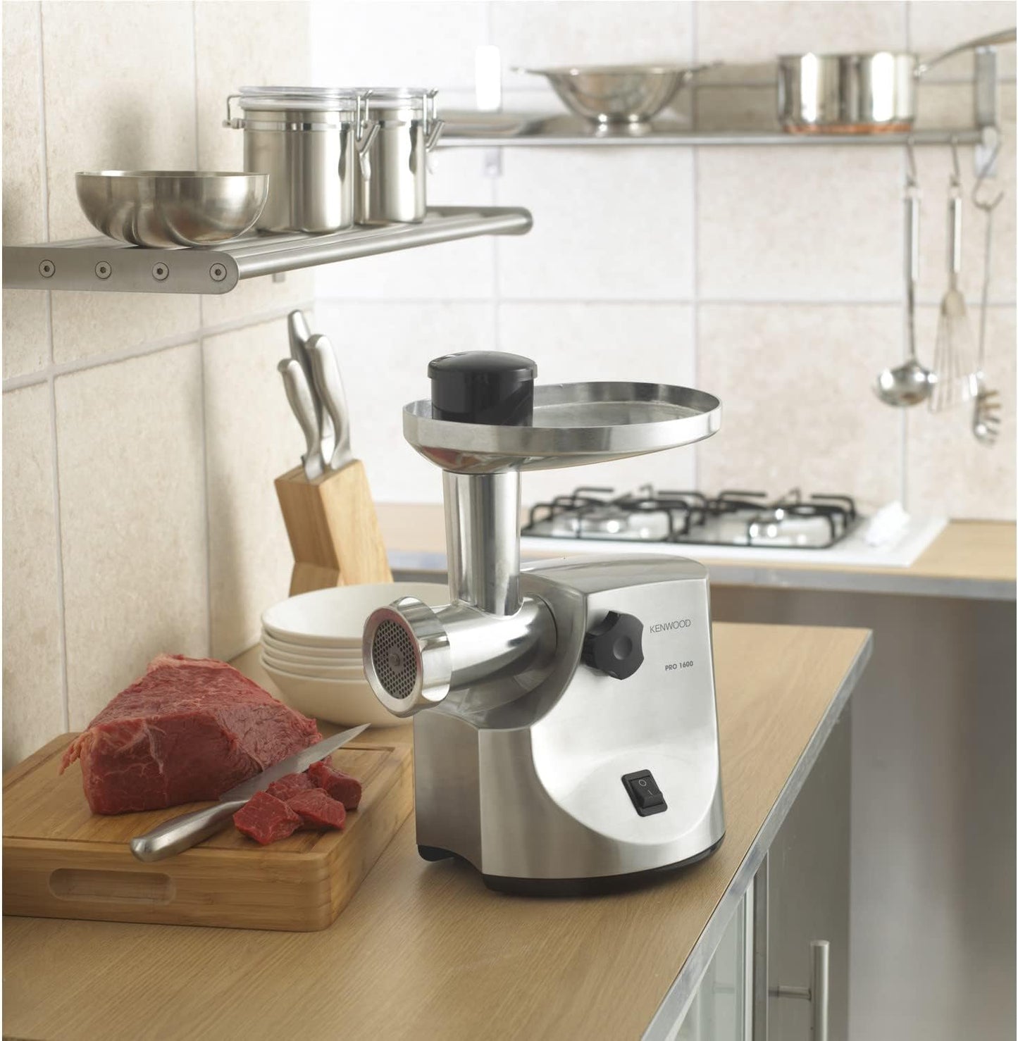 KENWOOD Meat Grinder 1600W Powerful Metal Body Mincer with Kibbeh Maker, Sausage Feed Tube Pusher, 3 Stainless Steel Screens for Fine, Medium & Coarse Results MG510 Silver