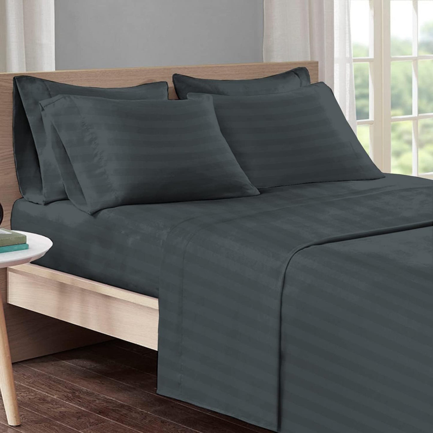 Dobby Striped 100% Cotton Twin XL Sheets Set Anthracite Grey, 300 Thread Count Long Staple Combed Sateen Cooling Twin XL Damask Sheets Cotton with 15 Inch Deep Pocket (Grey Striped Cotton Sheets)