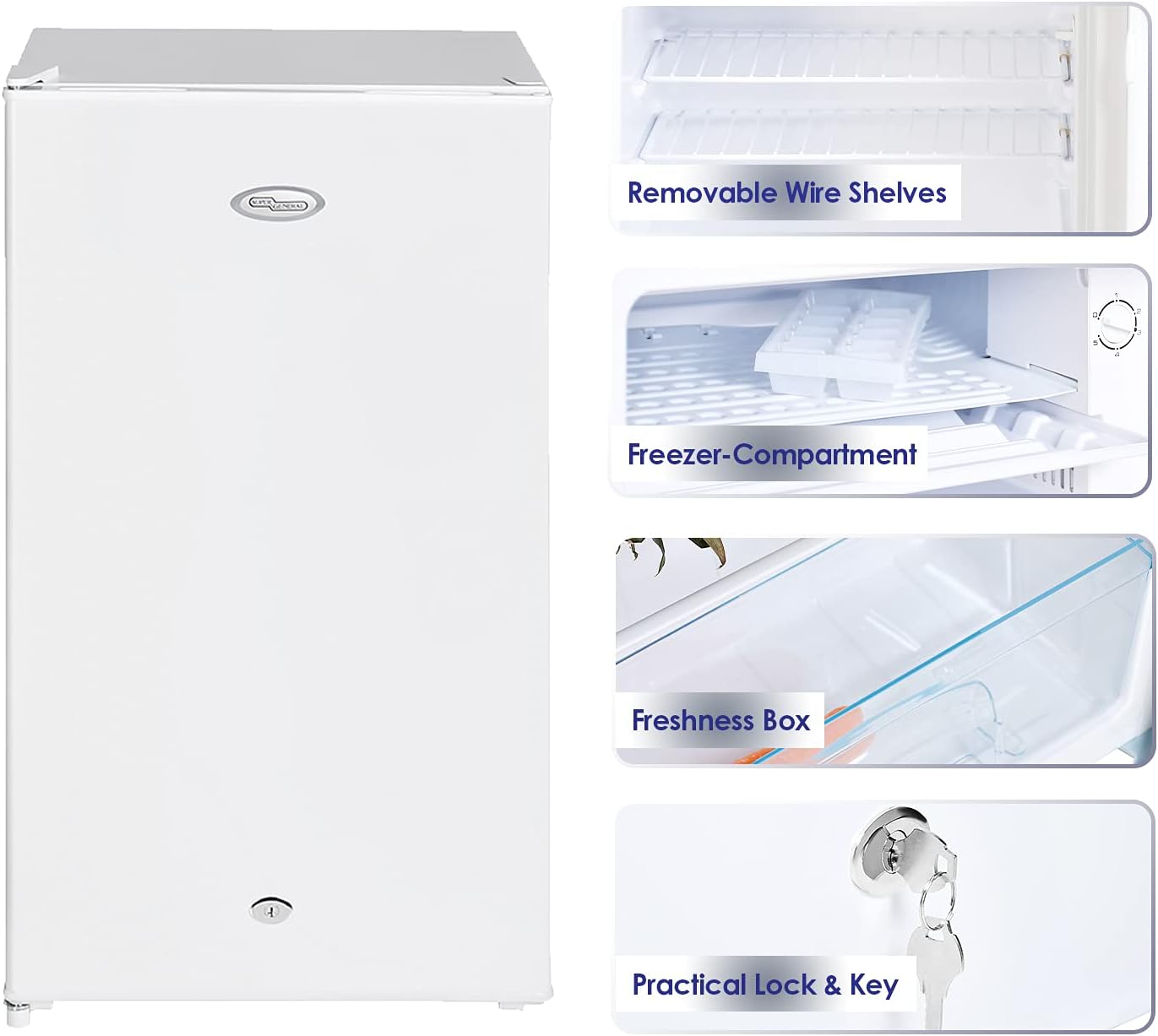 Super General 110 Liter Gross Volume Compact Mini-Refrigerator SGR-131-H, White, Beverage-Fridge with Child Lock, Shelf, Freezer-Box, reversible door, 47.5 x 44.5 x 85 cm