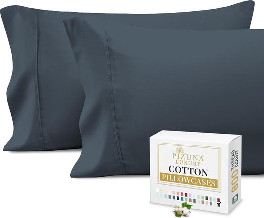 800 Thread Count Cotton King Pillowcases Dark Blue, 100% Long Staple Cotton Smooth Satin Pillowcase, Thickly Woven Set of 2 Pillow Covers (Dark Blue King Size 100% Cotton Pillow Cases)