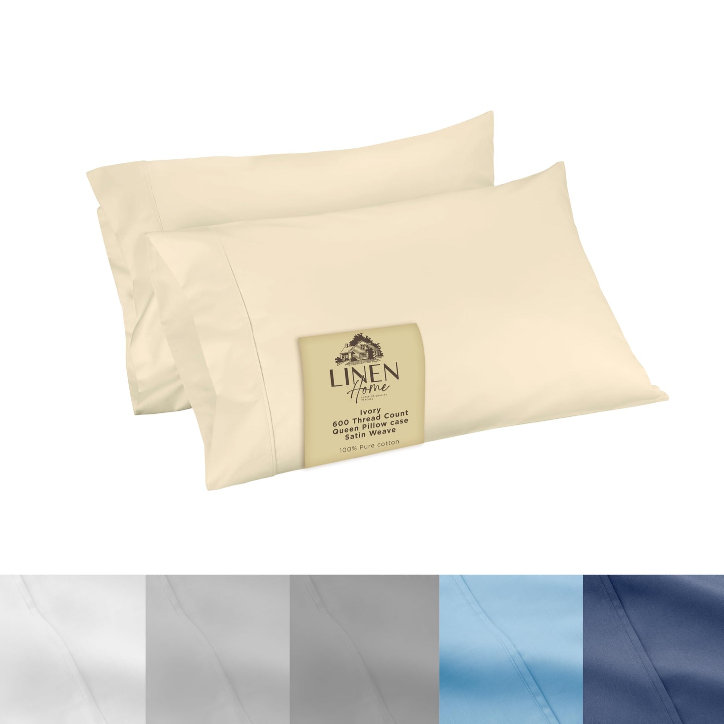 Linen Home 600 Thread Count Queen Pillowcase Set | 100% Long-Staple Cotton Pillow Cases | Soft & Smooth Luxury Satin Set of 2 Pillowcases | 4 Inch Z Hem | Baby Blue
