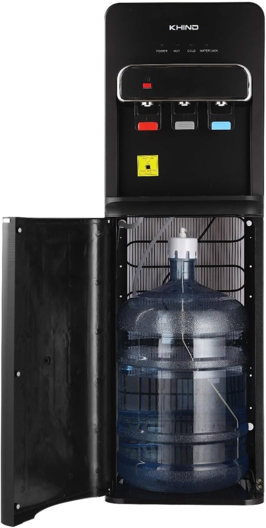 KHIND 7 Liters Freestanding Water Dispenser with Auto Suction Pump, Hot, Normal, & Cold Water Dispensing, Bottom Load, Child Lock, Intelligent Indicator Lights, Black - WD-3BP- Made In China