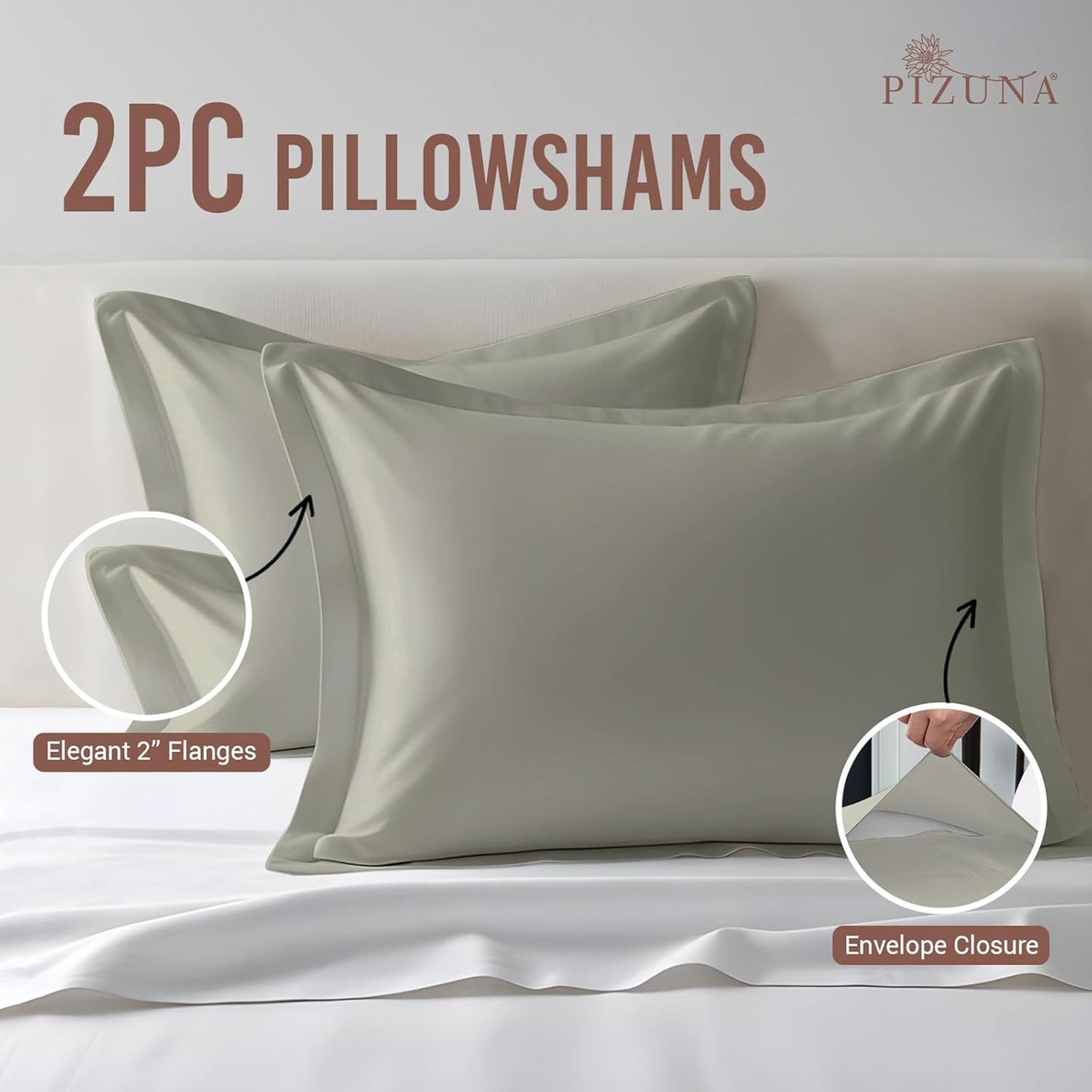 Pure 100% Cotton Pillow Shams King Size Set of 2 Silver, Luxurious 400 Thread Count Long Staple Cotton Sateen with Envelope Closure (Combed Silver Cotton Pillow Shams King)