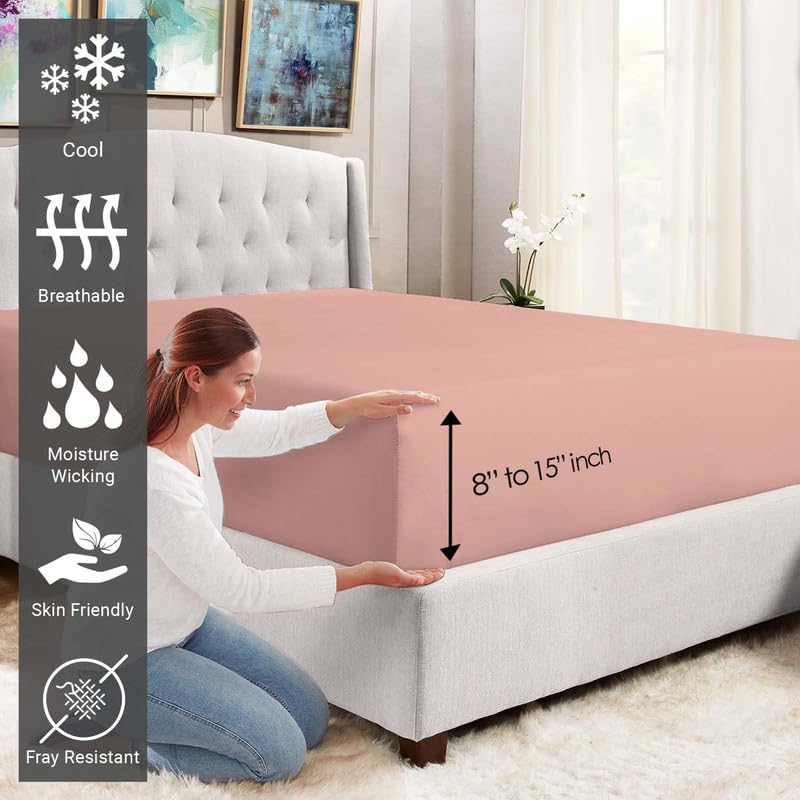 Soft 400 Thread Count Cotton King Fitted Sheets Rose 1pc, 100% Long Staple Cotton Sateen Fitted Sheet Bed fits Upto 15 inch Deep Pockets (Rose 100% Cotton Deep Fitted Sheets King)