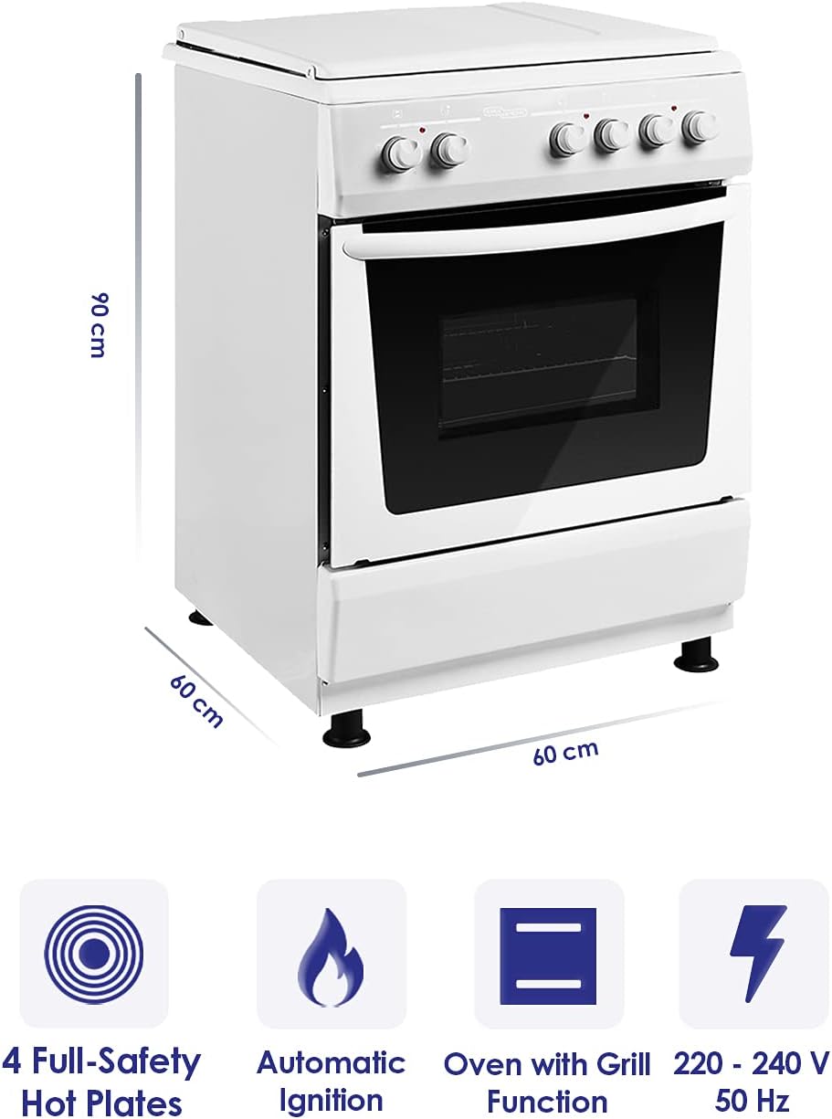 Super General Freestanding Electric-Cooker 4 hot plates, Stainless-Steel Cooker, Electric Oven with Splash Protection, White, 60 x 60 x 85 cm, SGC-6041-BS, 1 Year Warranty